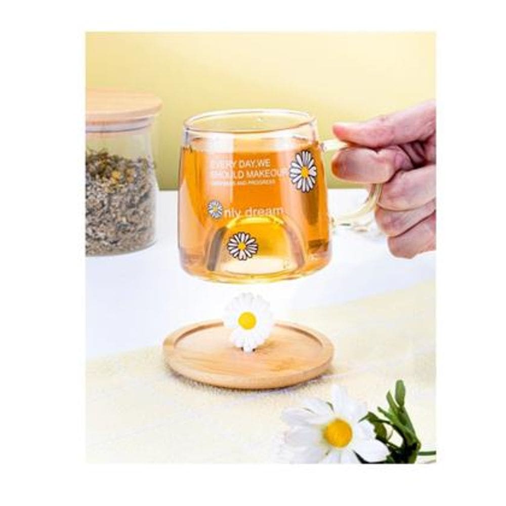 Caneca 3D Margarida com Pires e Tampa em Bambu Borossilicato 280ml  Allmix