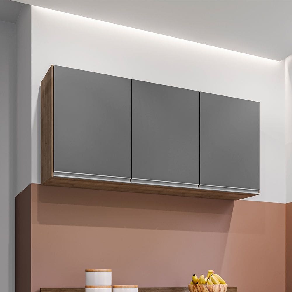 Armário Aéreo Valentina 120cm 3 Portas Freijó Grafite Maderatto Móveis