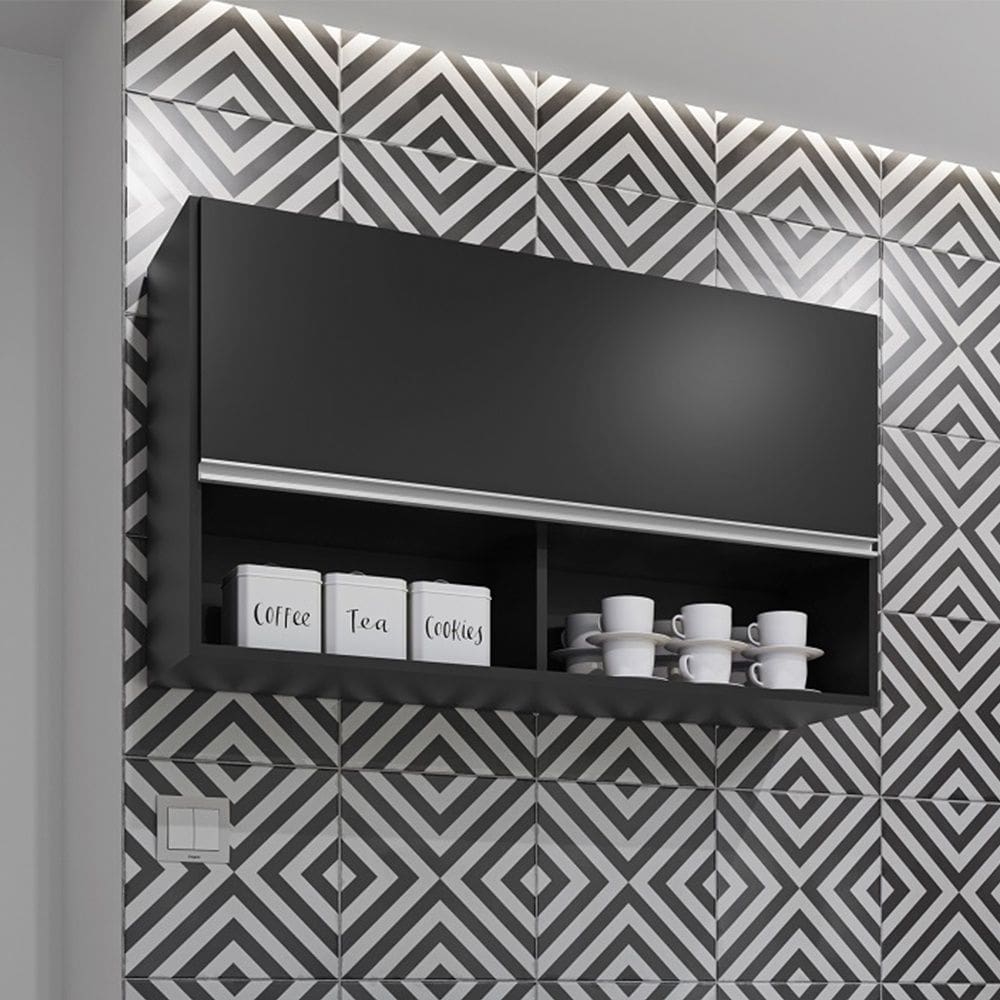 Armário Aéreo Laura 100cm 1 Porta e 2 Nichos Preto Maderatto Móveis