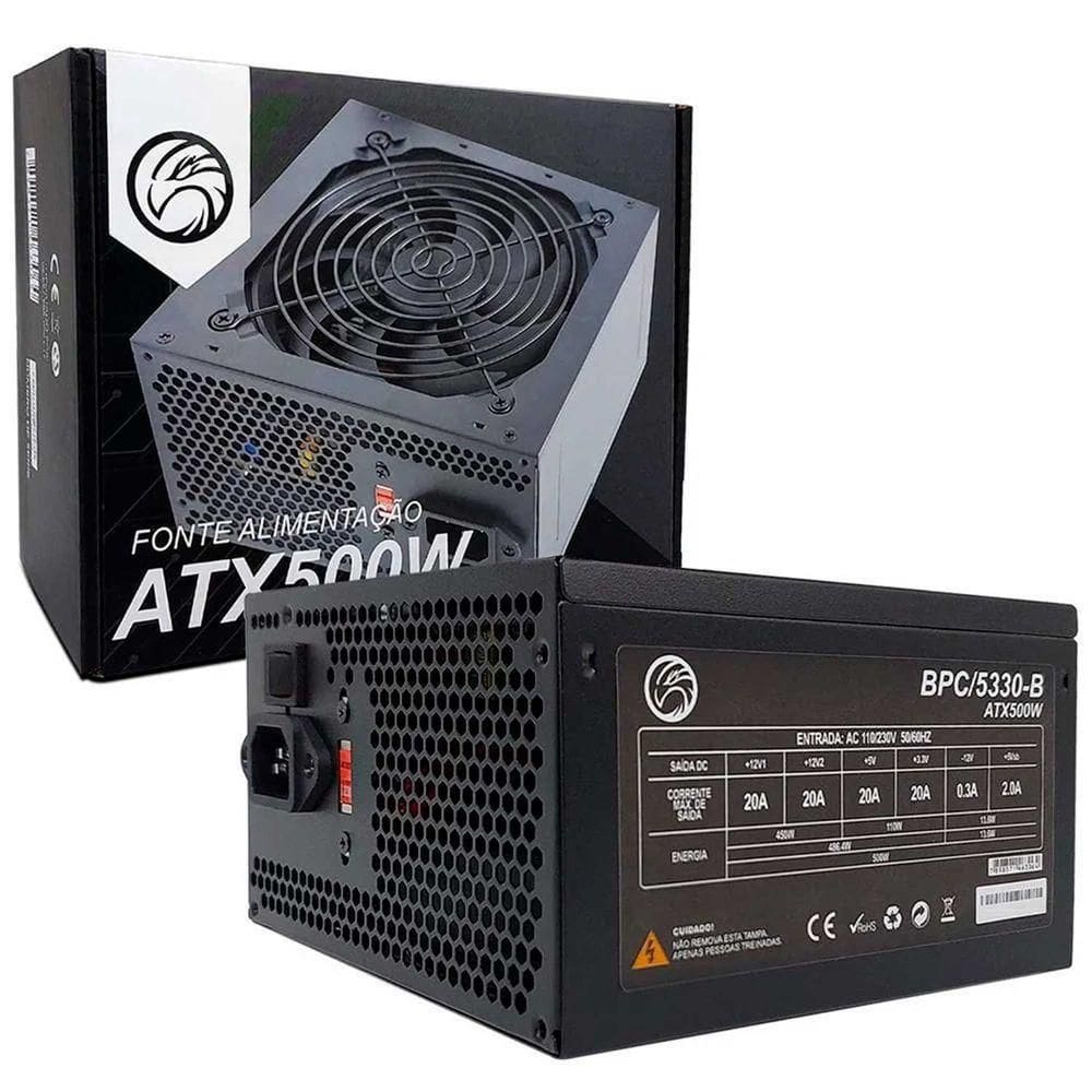 Fonte Brazil Pc 500w Bpc-5330-b, 24 Pinos, Bivolt, C- Cabo De Energia, Cooler 120mm