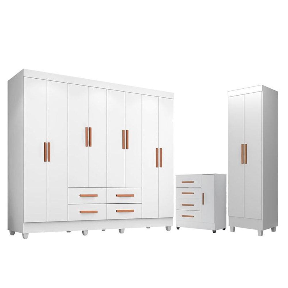 Guarda Roupa Casal Porto 8 Portas com Cômoda 4 Gavetas e 1 Porta e Armário Multiuso Lite Branco Brilho - Leão