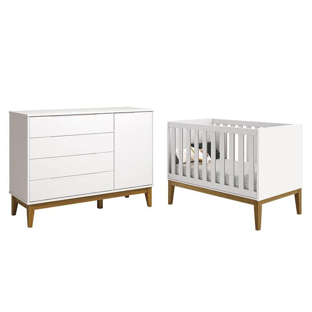 Berço Americano e Cômoda com Porta Classic Elfe Branco Acetinado com Pés Madeira - Reller