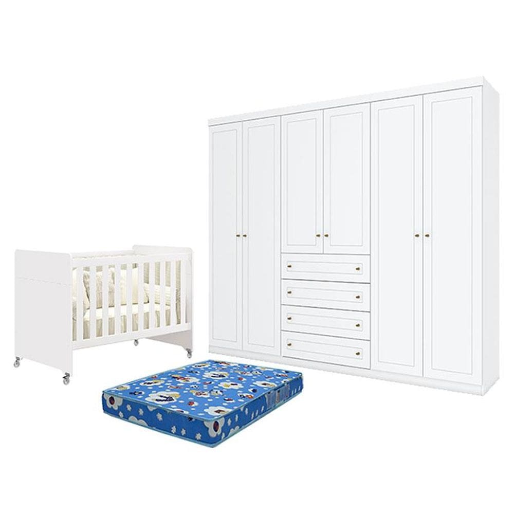 Berço Americano Evolution 4 em 1 Branco Acetinado e Guarda Roupa Casal Americano 6 Portas Branco HP e Colchão Ortobom - Henn