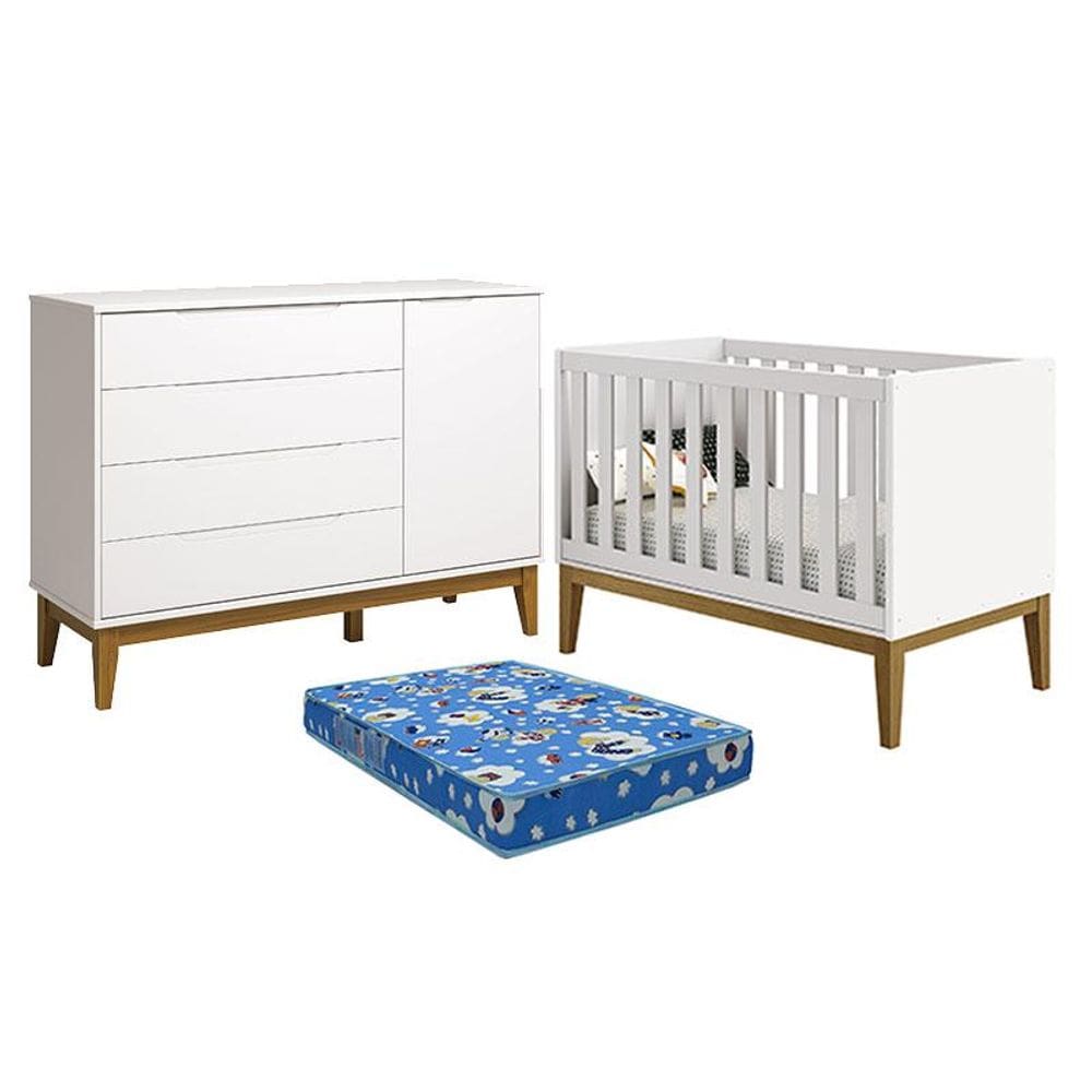 Berço Americano e Cômoda com Porta Classic Elfe Branco Acetinado com Pés Madeira e Colchão Ortobom - Reller