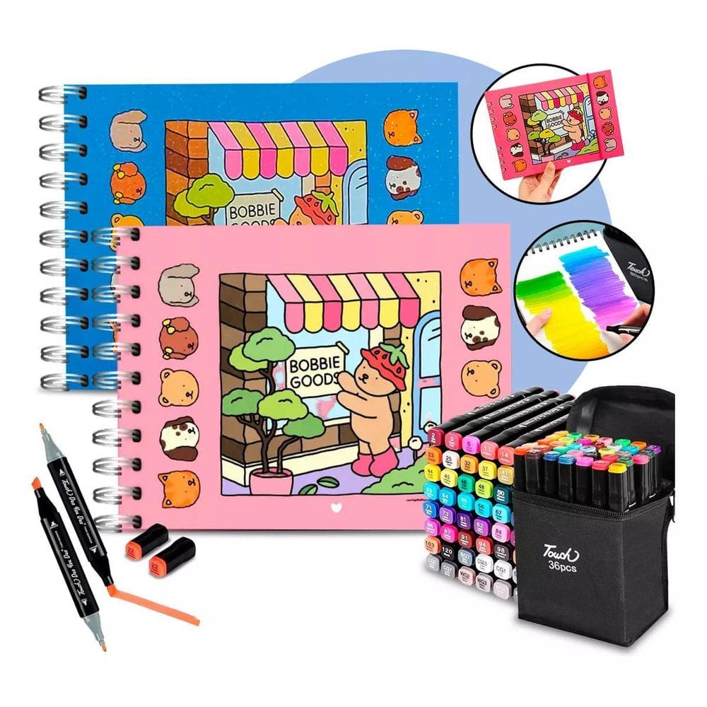 Kit Caderno + Canetinhas Bobbie Goods Ponta Dupla 36 - Azul