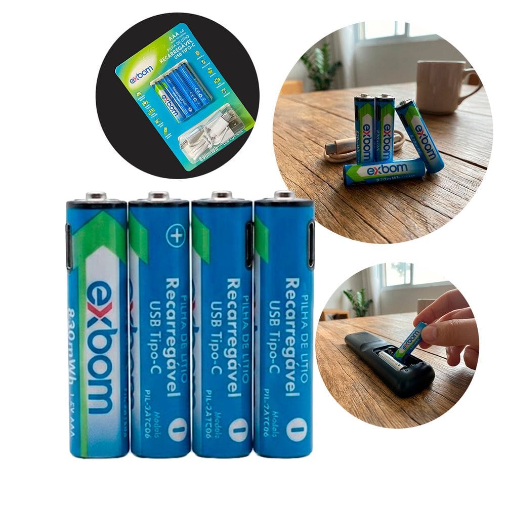 Kit 4 Pilhas AAA Recarregáveis 1.5V Exbom