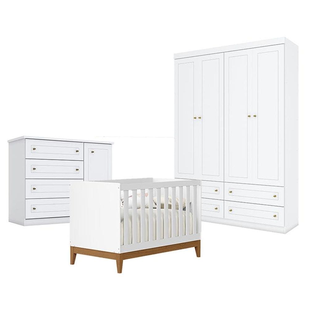 Quarto de Bebê Americano 4 Portas com Berço Americano Flip Branco Acetinado Reller - Henn