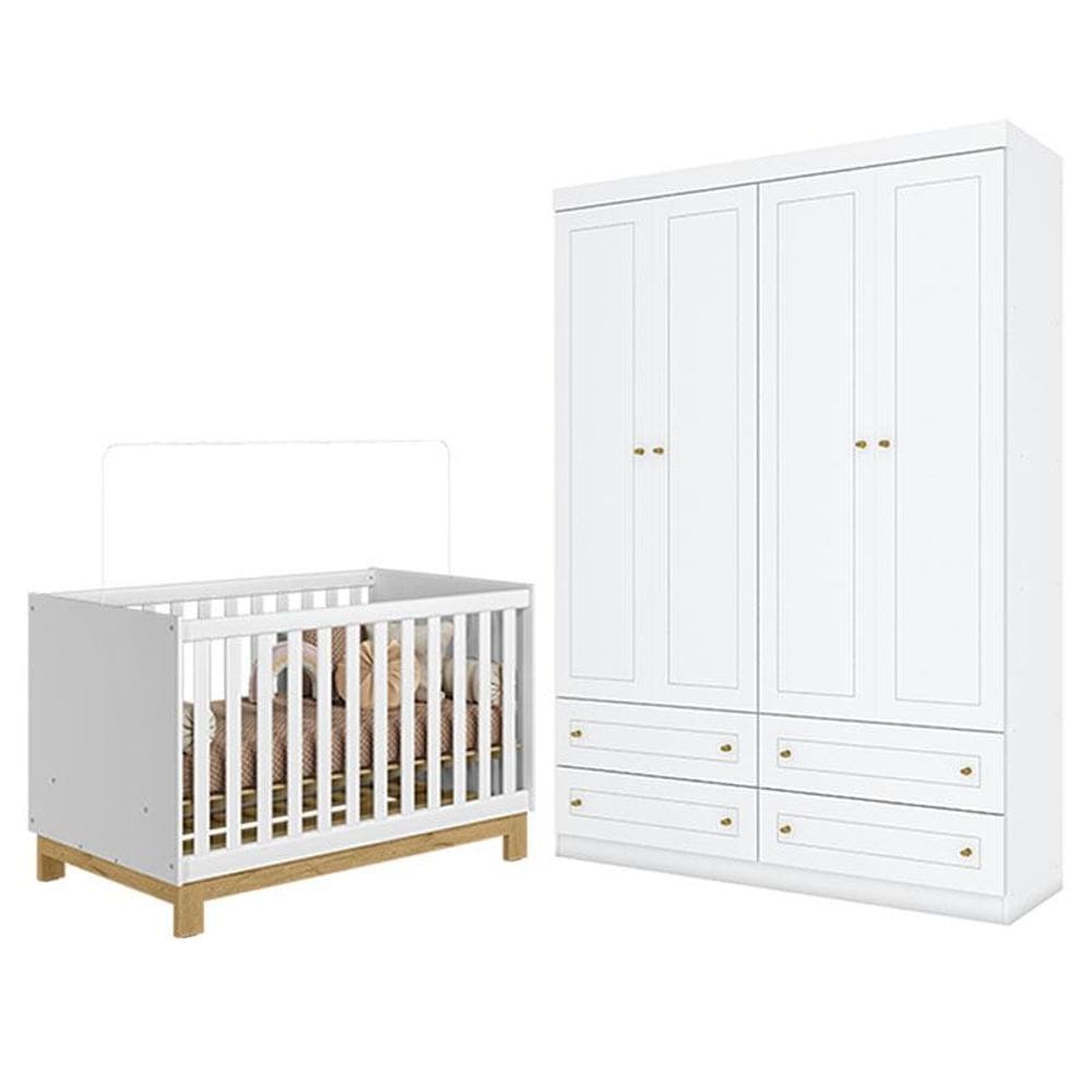 Berço Americano Mini Cama Q Encanto Slim Branco Acetinado - Qmovi e Guarda Roupa Infantil Americano 4 Portas Branco HP - Henn
