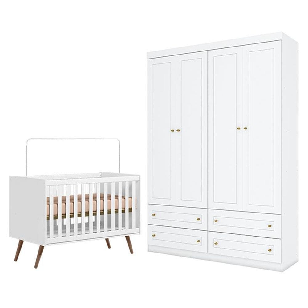 Berço Americano Q Encanto 3820 Retrô Branco Acetinado - Qmovi e Guarda Roupa Infantil Americano 4 Porta Branco HP - Henn