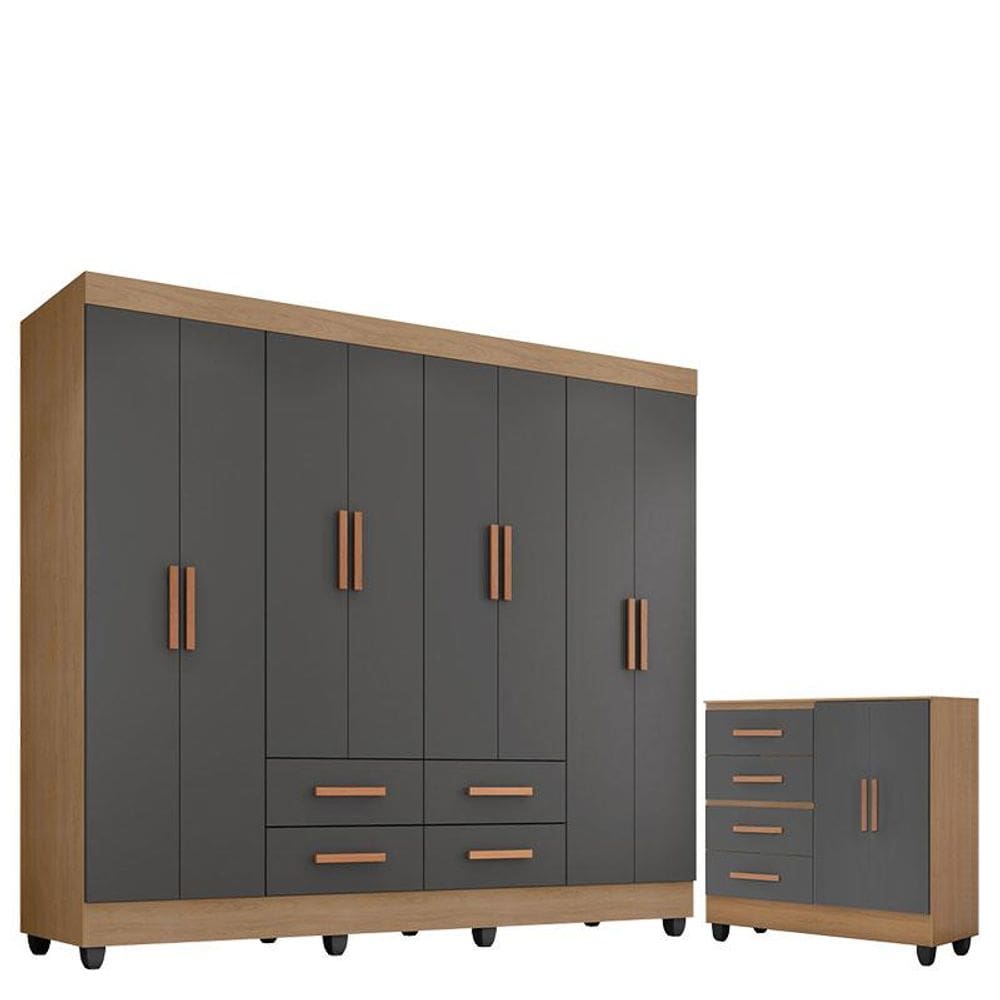Guarda Roupa Casal Porto com Cômoda Lite 4 Gavetas 2 Portas Nature Cinza  - Móveis Leão