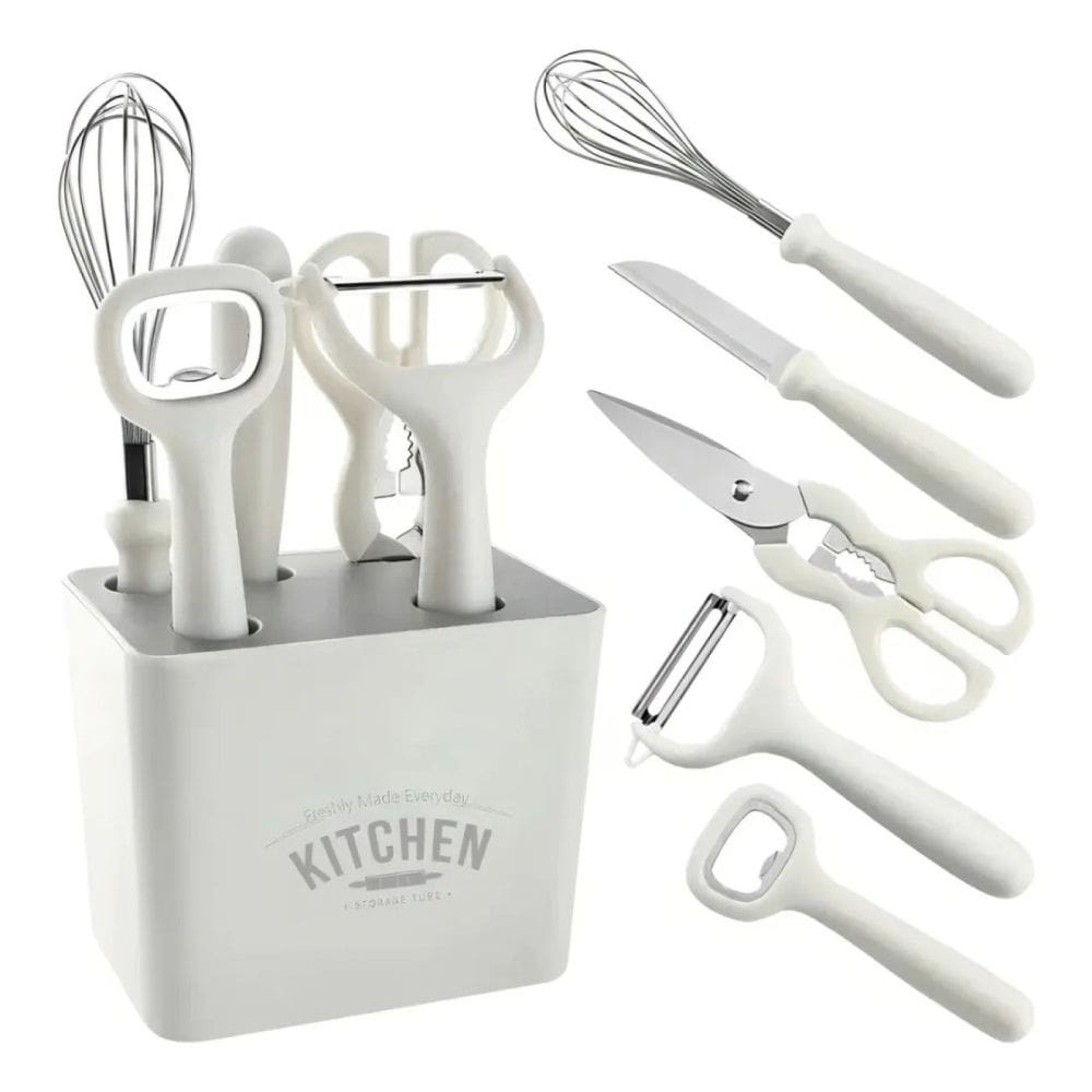Kit Utensílios Cozinha Conjunto 6 Peças com Suporte Organizador Branco