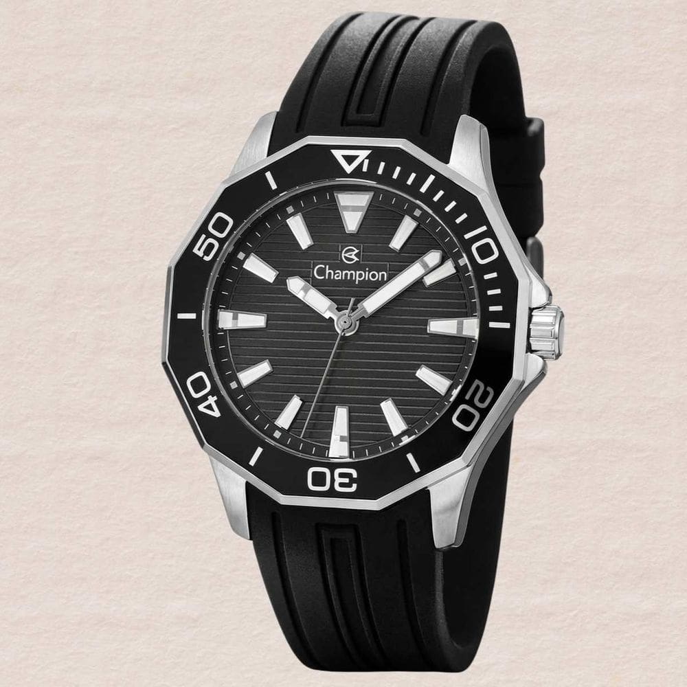 Relógio Masculino Champion CH30313T Prata Silicone Preto Estilo Esporte Fino Analógico