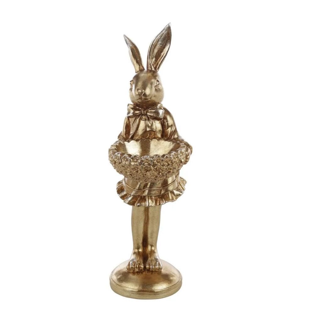 Coelho Pascoa Goldy Dourado C/ Bandeja Resina 33x10cm 1Un
