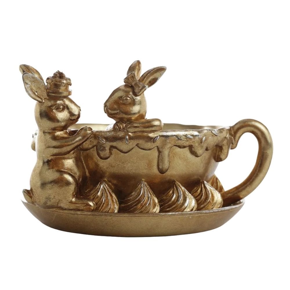 Coelho Pascoa Goldy Dourado Na Xicara Em Resina 15cm 1Unid