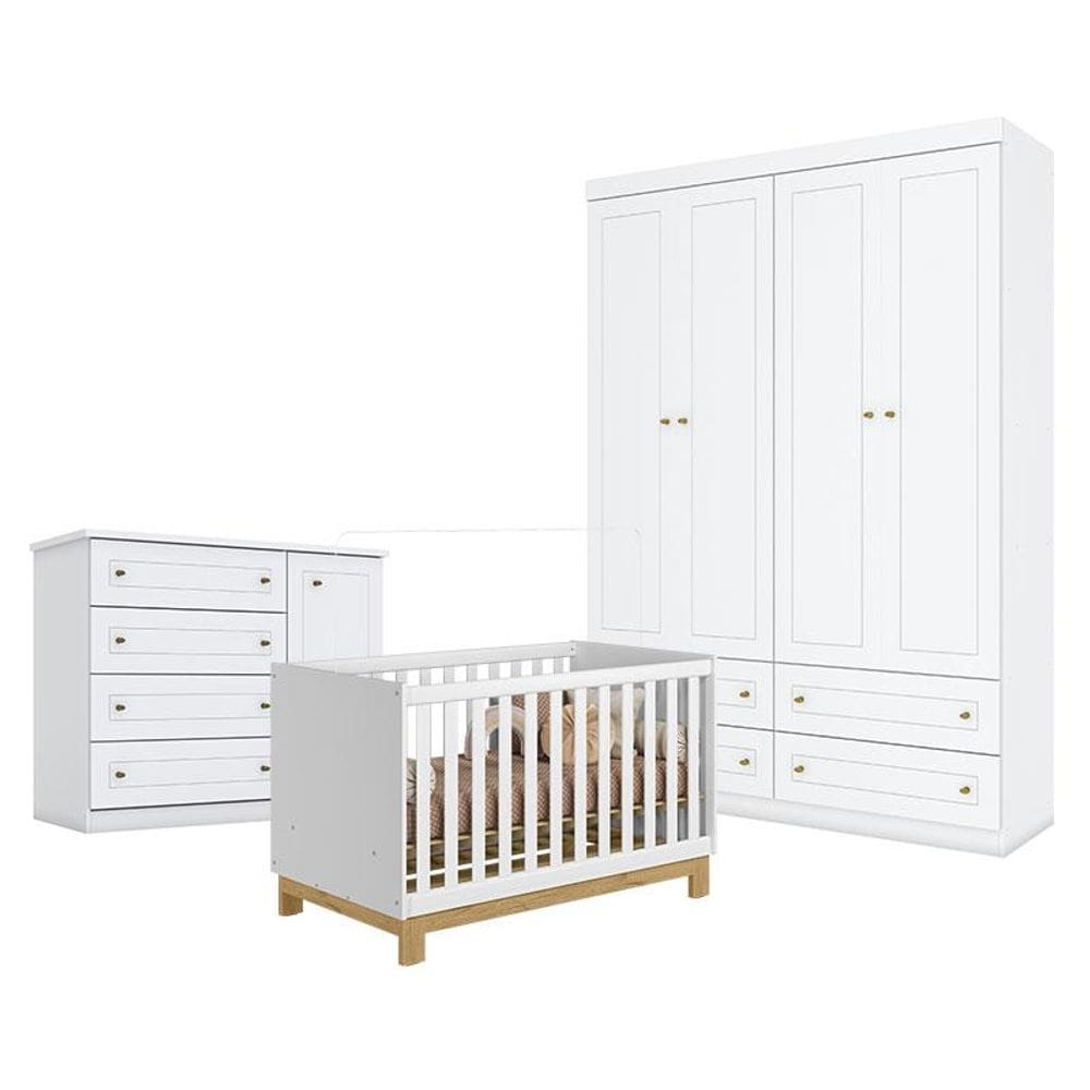 Quarto de Bebê Americano 4 Portas comBerço Americano Mini Cama Q Encanto Slim Branco Acetinado - Qmovi- Henn
