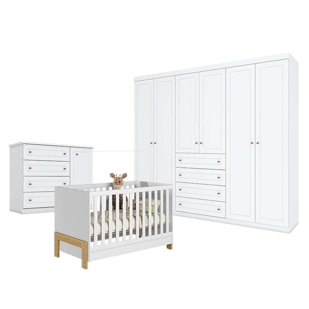 Quarto de Bebê Americano 6 Portas comBerço Americano Mini Cama Fantasia Branco Acetinado - Qmovi - Henn
