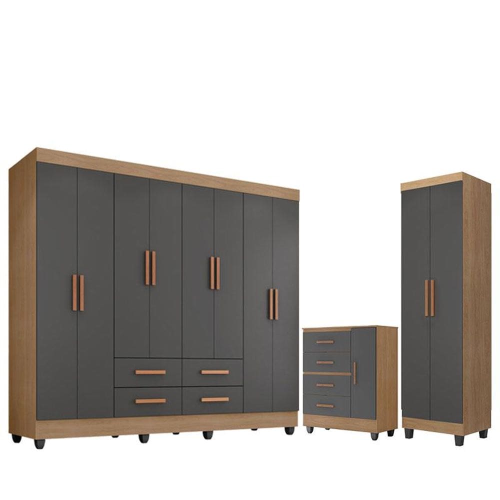 Guarda Roupa Casal Porto comCômoda Lite 4 Gavetas 01 Porta eArmário Multiuso Lite Nature Cinza - Móveis Leão