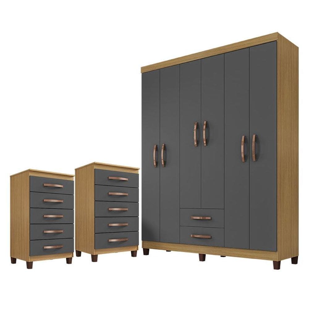 Guarda Roupa Casal Módena com 2 Cômodas Cannes 5 Gavetas Carvalho Grafite Americano - Incorplac