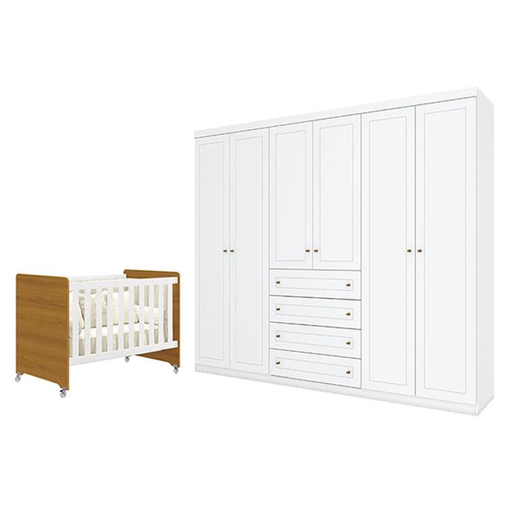 Berço Americano Evolution 4 em 1 Branco Acetinado Savana e Guarda Roupa Casal Americano 6 Portas Branco HP - Henn