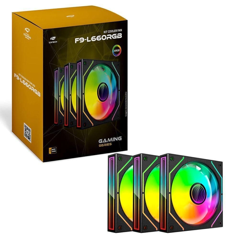 Kit Cooler Fan C3tech F9-l660bk, 3x Unidades, 120mm, Argb, Controladora E Controle Remoto - Preto