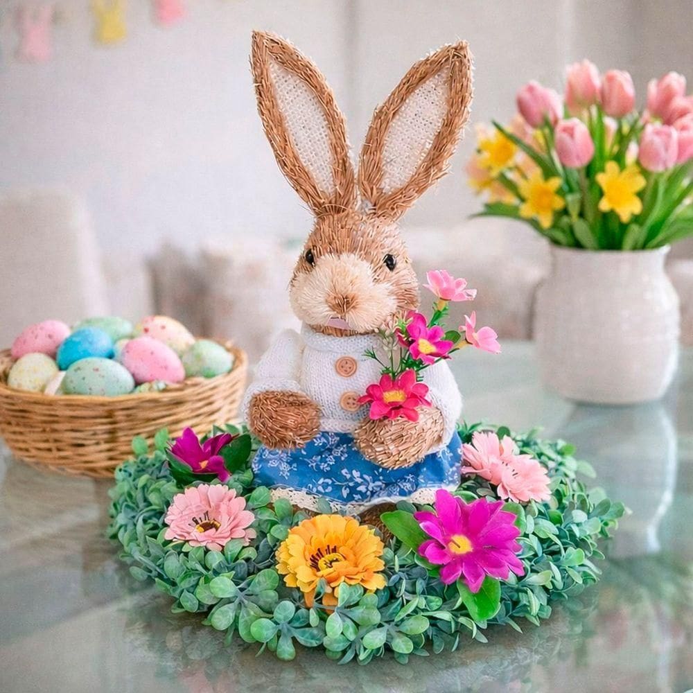 Arranjo Decoração Coelho Páscoa Flores Centro De Mesa 30cm