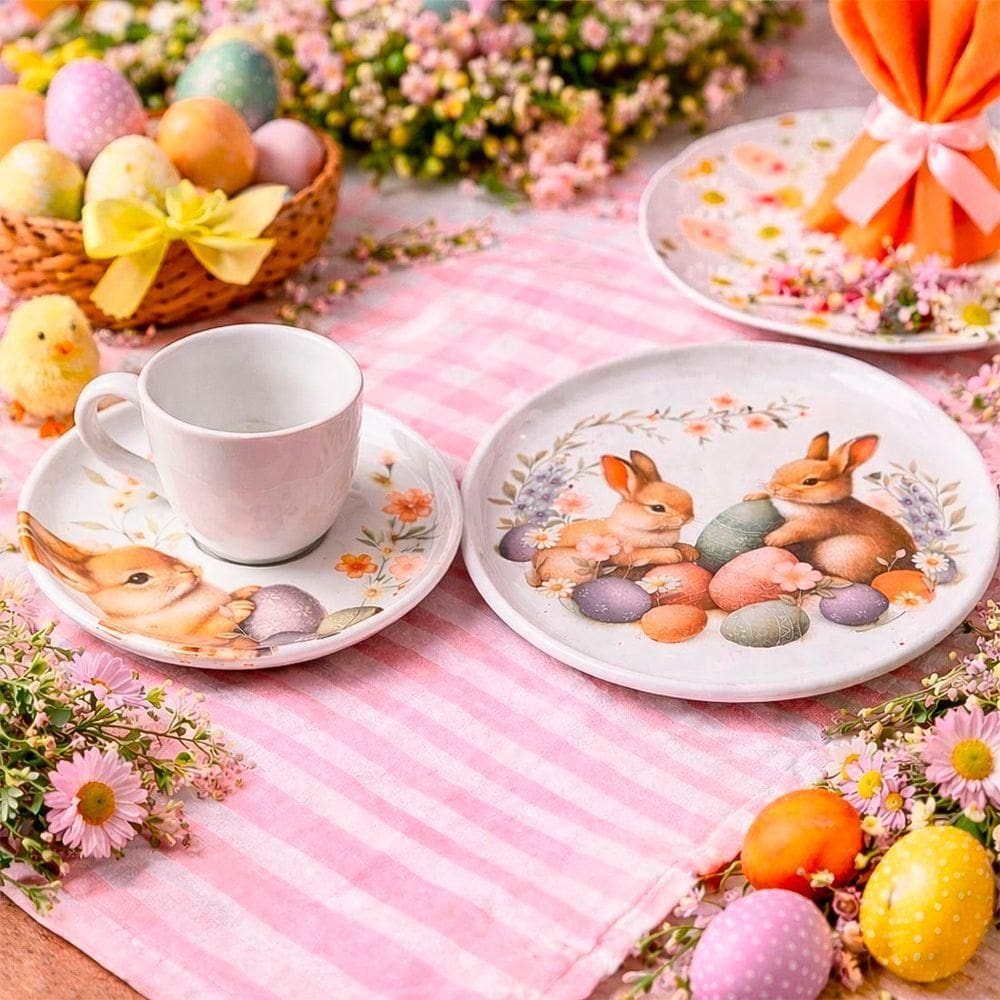 Jogo Café Lanche Doce Ninho Coelhinho Páscoa 24pç 12 Pessoas