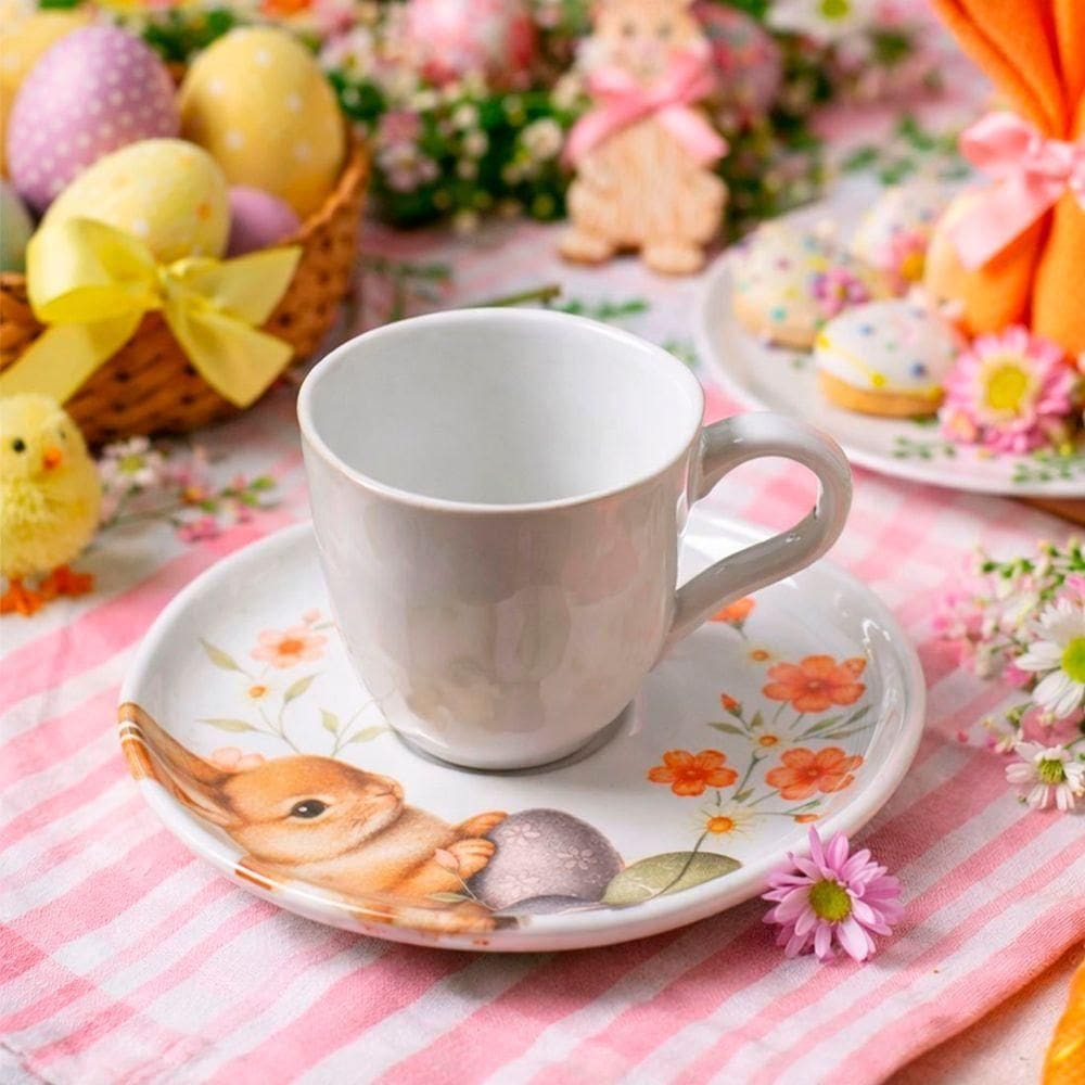 Jogo Xícara Café Bio Doce Ninho Coelho Páscoa 120ml Kit 12pç
