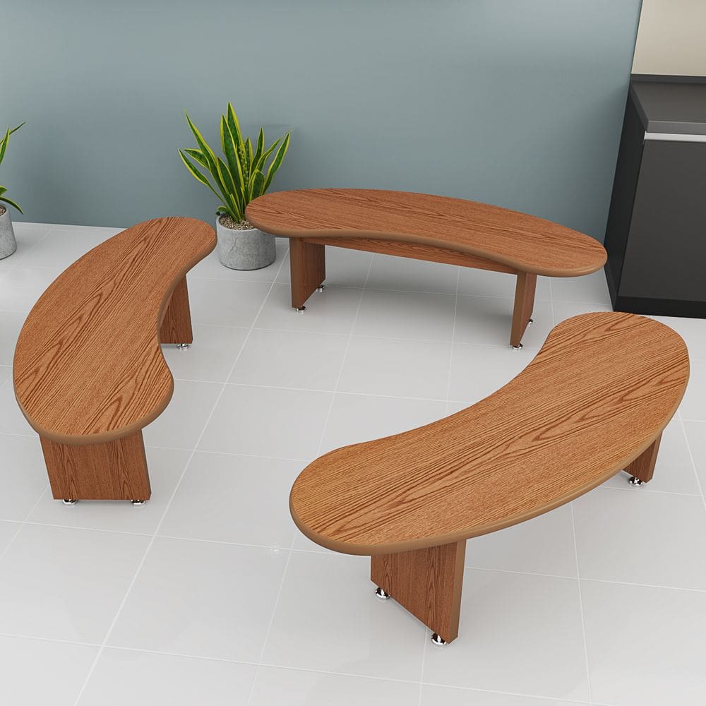 Conjunto 3 Bancos Ovais Rústicos Em MDF Amadeirado Moderna