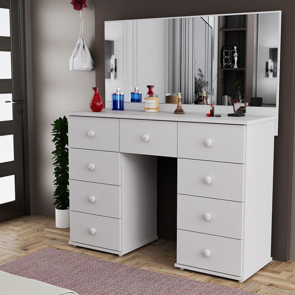 Penteadeira Branca em MDP com Espelho Amplo e 9 Gavetas  Design Moderno para Quarto