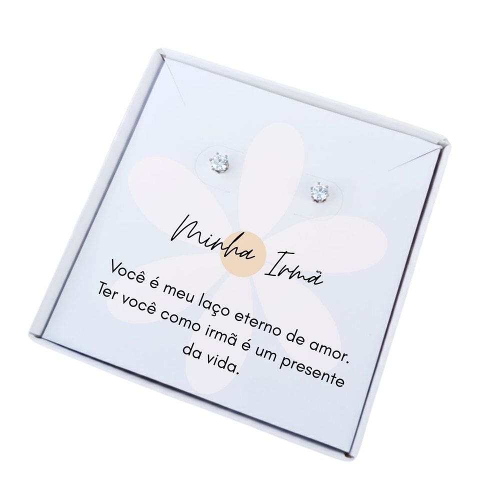 Brinco ponto de luz aço - Caixa presente com frase Irmã