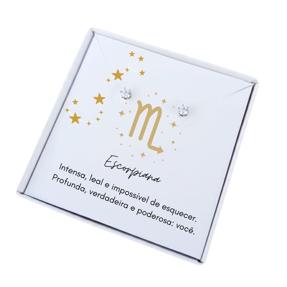 Brinco ponto de luz aço - Caixa presente com frase Signo Escorpião
