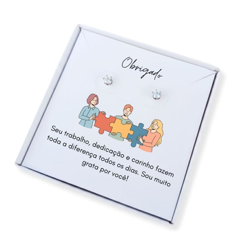 Brinco ponto de luz aço + caixa presente com frase funcionária