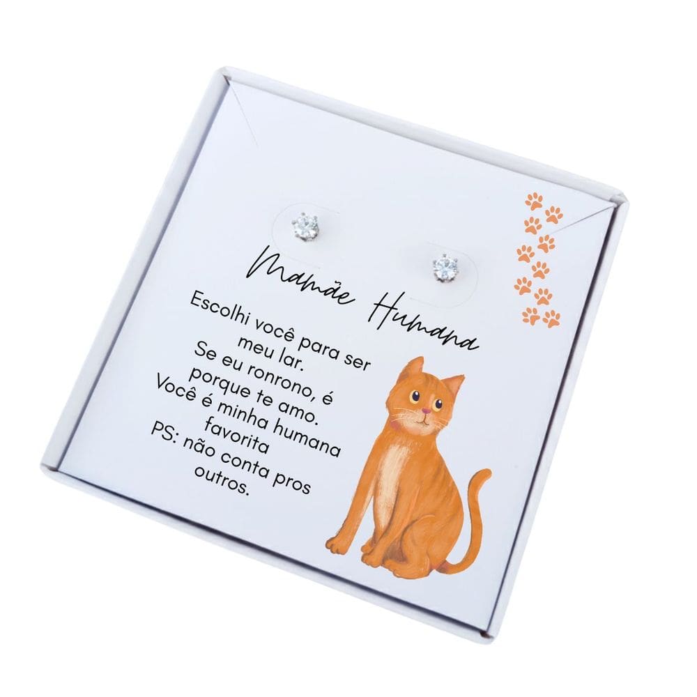Brinco ponto de luz de aço + Caixa Presente Mãe Gato