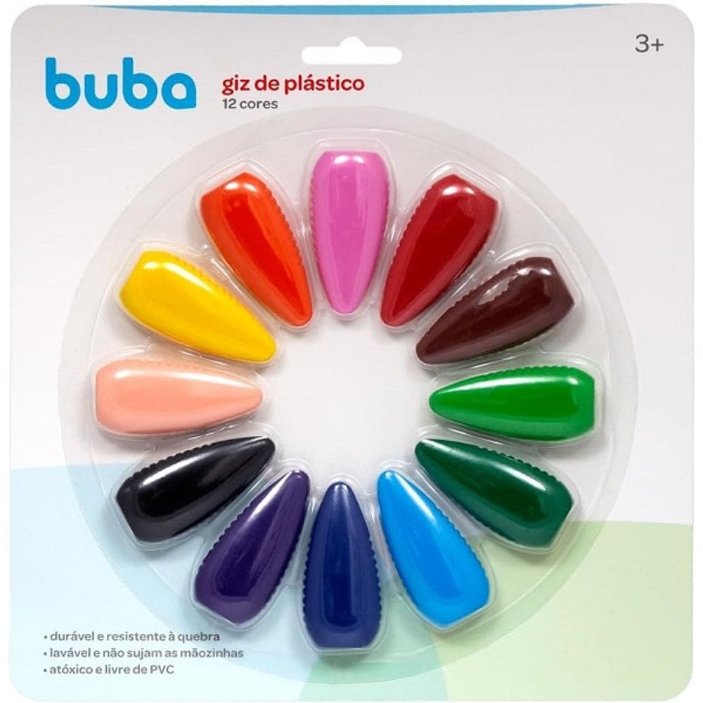 Giz de Plastico Desenho Buba Infantil 12 Cores Duravel