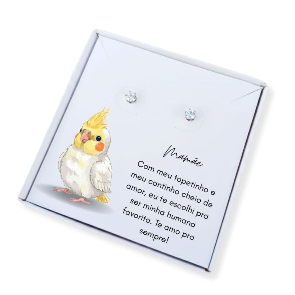 Brinco ponto de luz de aço + Caixa Presente Mãe de Calopsita