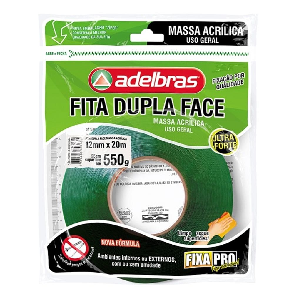 Fita Dupla Face Massa Adesiva Fixa PRO 12MM X 20M Adelbras