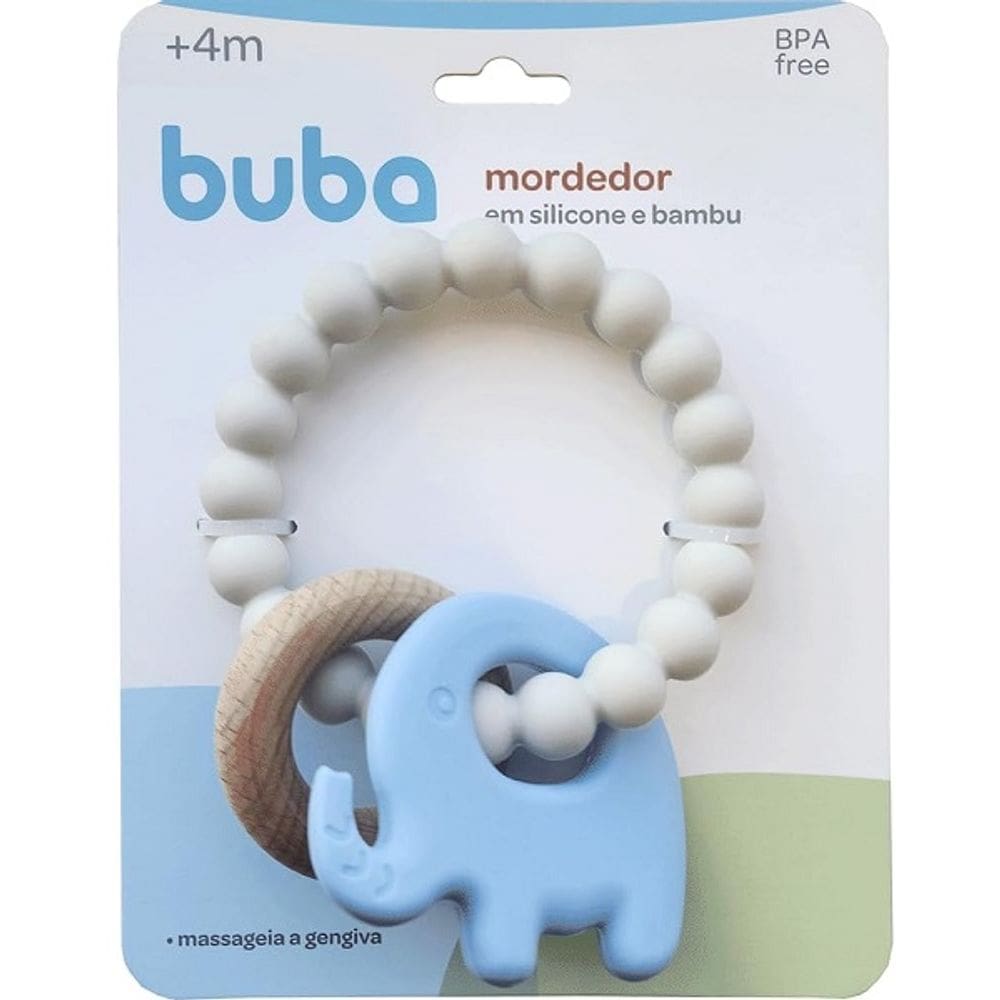 Mordedor em Silicone e Bambu Elefante Azul Buba 4M+ Buba