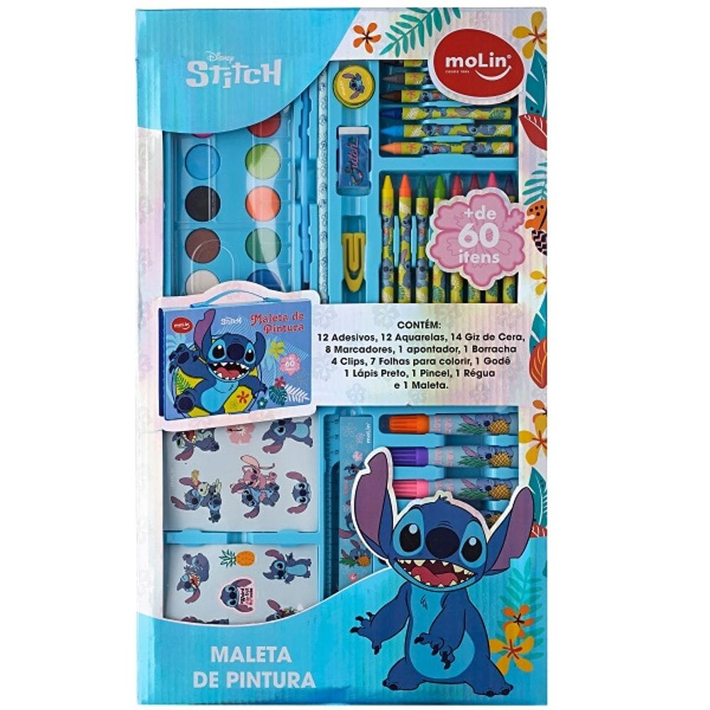 Maleta de Pintura 64 ITENS STITCH Plastica Molin COR Azul