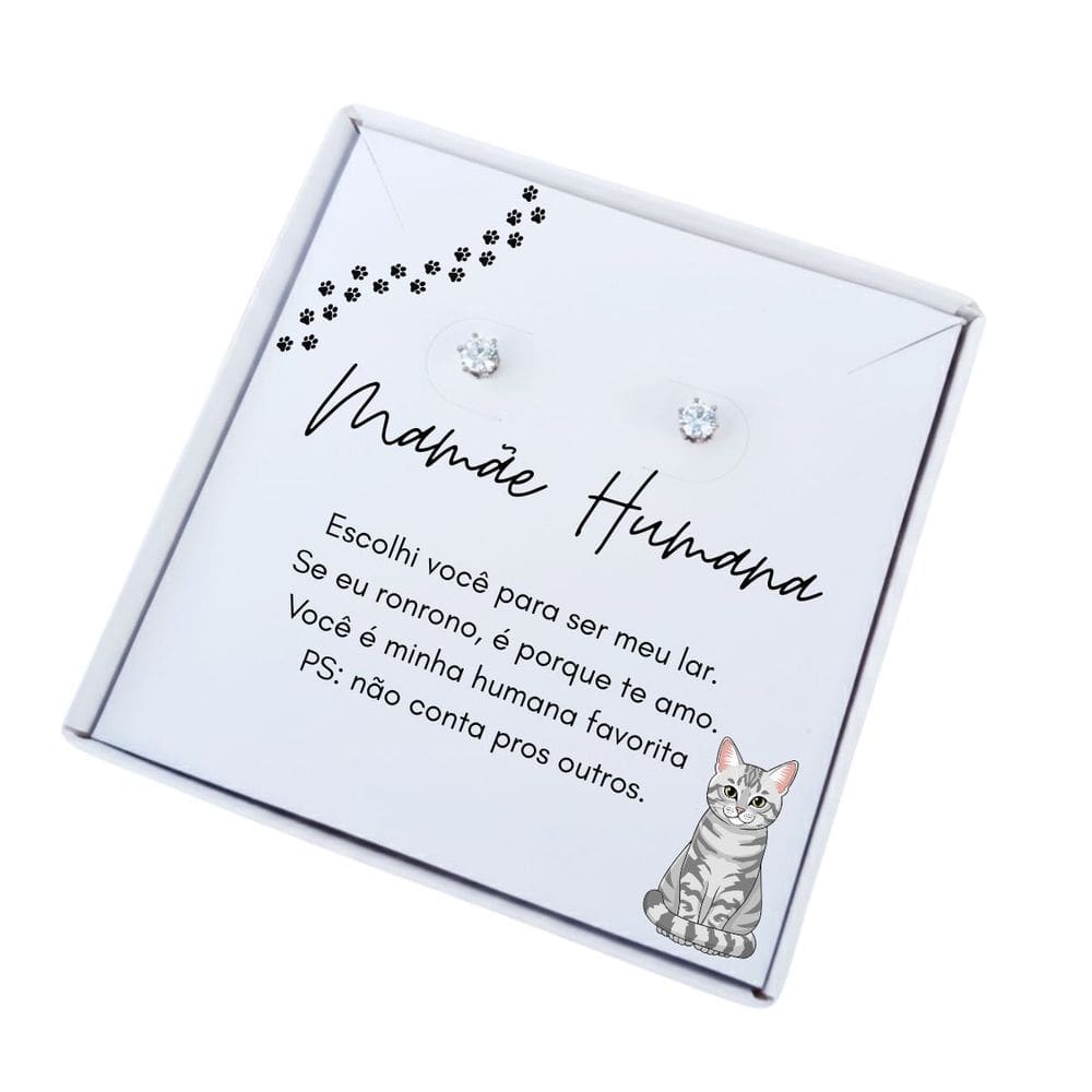 Brinco ponto de luz de aço + Caixa Presente Mãe de Gato cinza