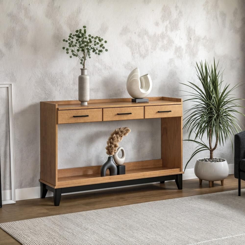 Aparador Buffet 3 Gavetas Nature Madeira Maciça Carvalho/Preto