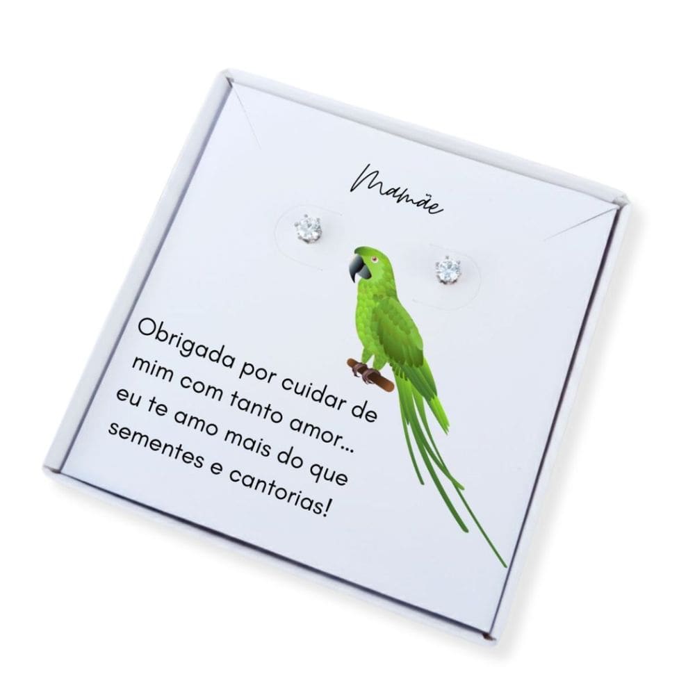Brinco ponto de luz aço + caixa presente com frase mãe de Papagaio