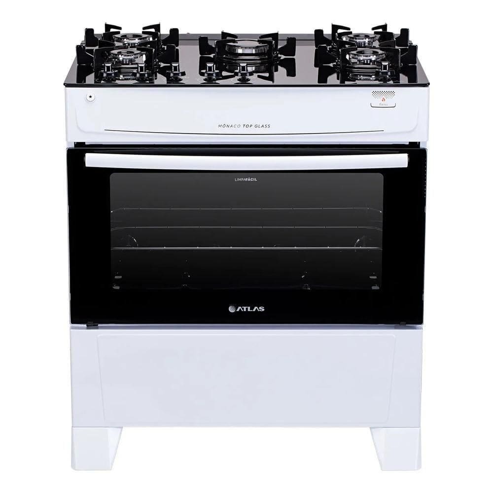 Fogão Atlas 5 Bocas Com Mesa De Vidro Mônaco Top Glass Branco - Bivolt