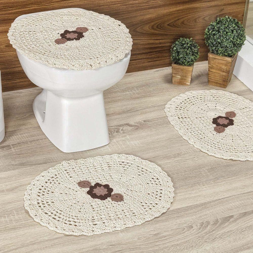 Jogo De Banheiro Flora Em Crochê Feito A Mão 03 Peças 85% Algodão | 15% Poliéster - Cru