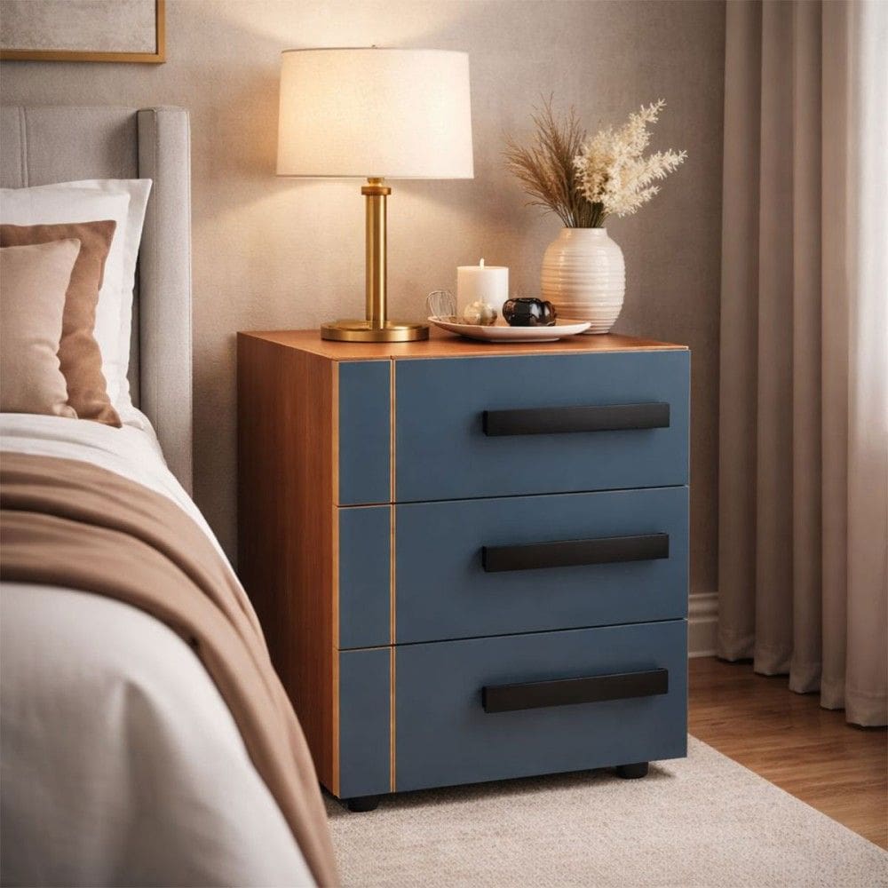 Mesa de Cabeceira Lisboa 3 Gavetas Azul/Freijó - Politorno