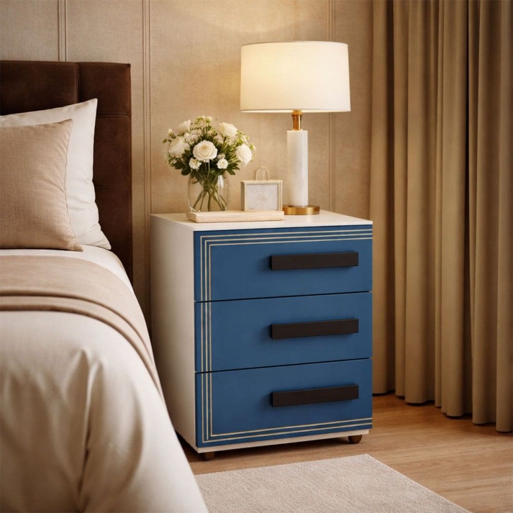 Mesa de Cabeceira Valência 3 Gavetas Azul/Branco - Politorno