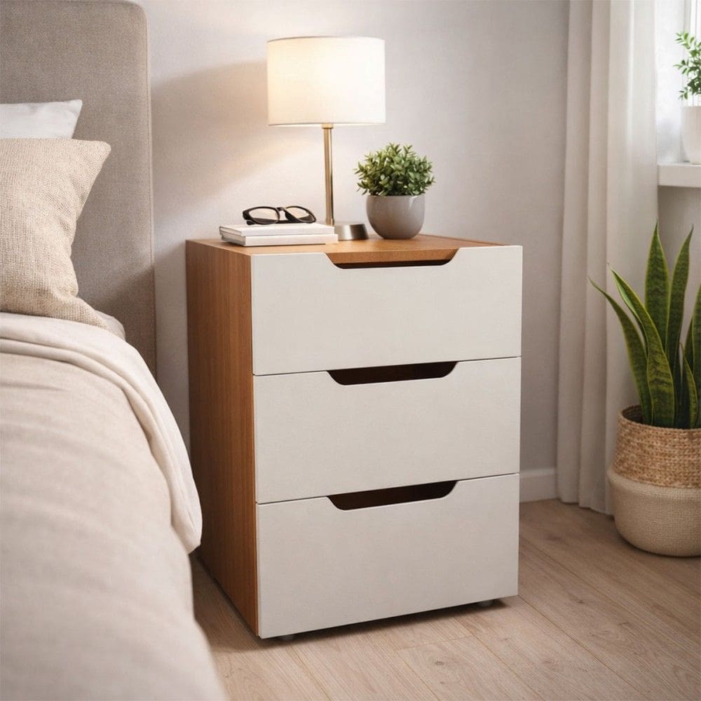 Mesa de Cabeceira Madri 3 Gavetas Creme/Freijó - Politorno