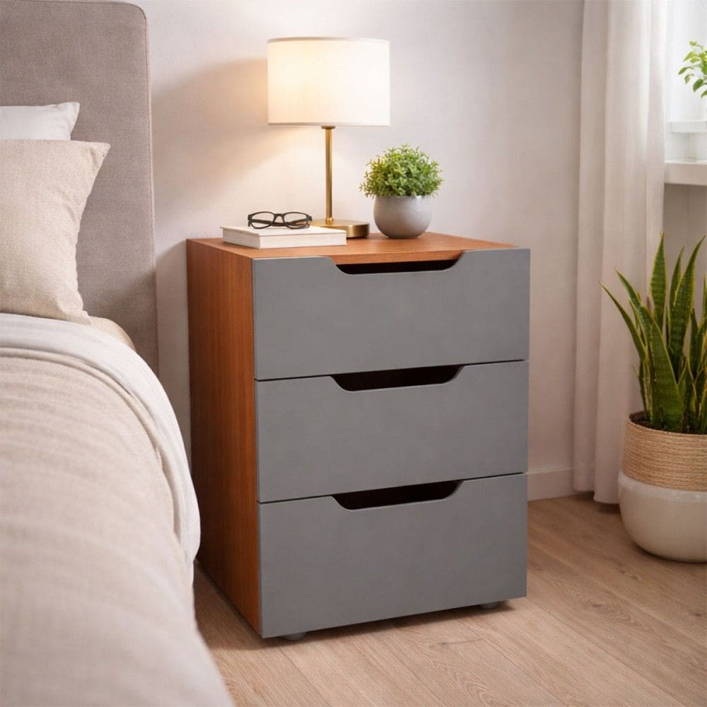 Mesa de Cabeceira Madri 3 Gavetas Cinza/Freijó - Politorno