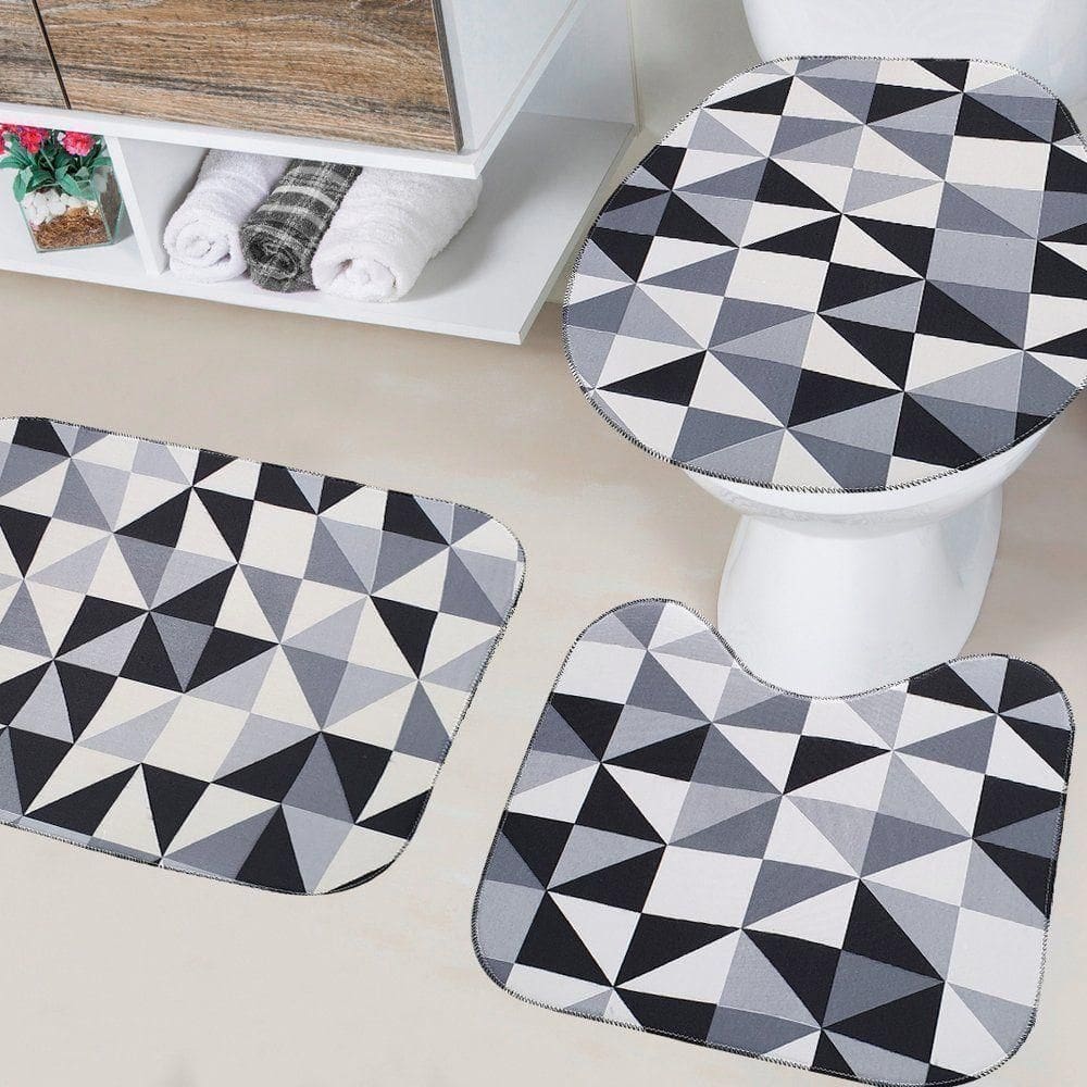 Jogo De Banheiro Creative 03 Peças Com Base Antiderrapante 100% Poliéster - Geométrico Cinza