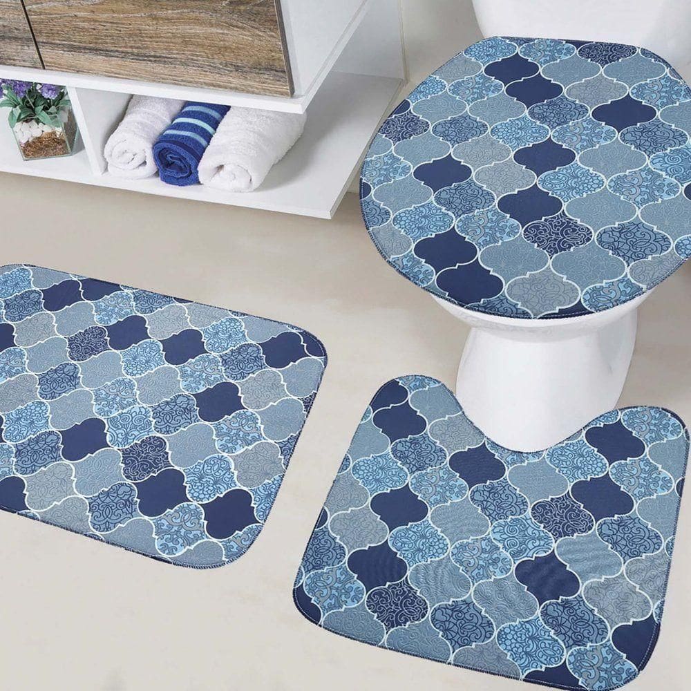 Jogo De Banheiro Creative 03 Peças Com Base Antiderrapante 100% Poliéster - Turquia Azul