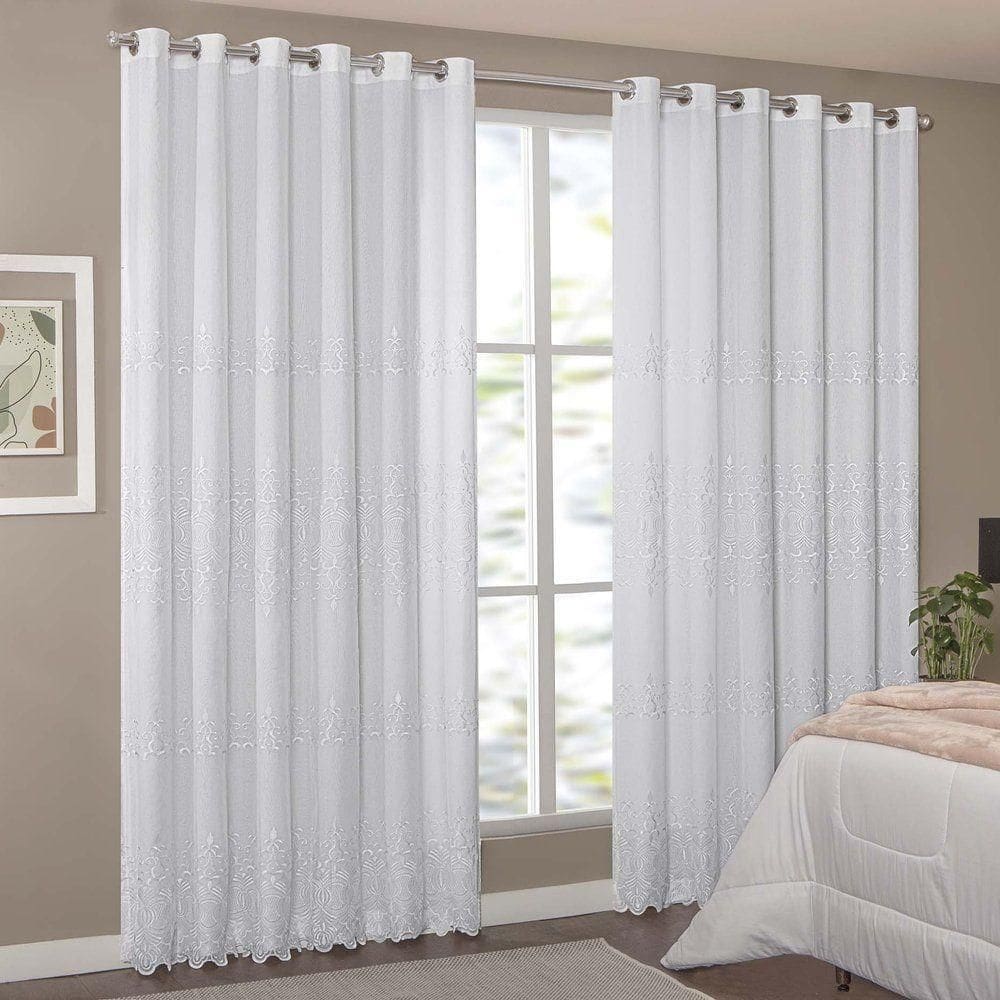 Cortina Liz Bordada Para Varão Simples 3,00m X 2,60m Com Forro 100% Poliéster - Branco